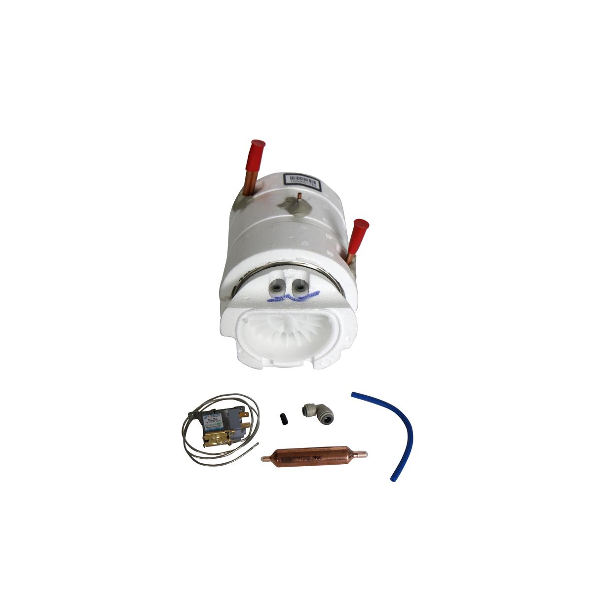Elkay evaporator replacement kit with white cylindrical unit, red handles, thermostat, copper coil, tubing, and connectors.