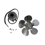 Fan motor assembly kit with metal motor housing, four-blade fan propeller, and mounting hardware screws.