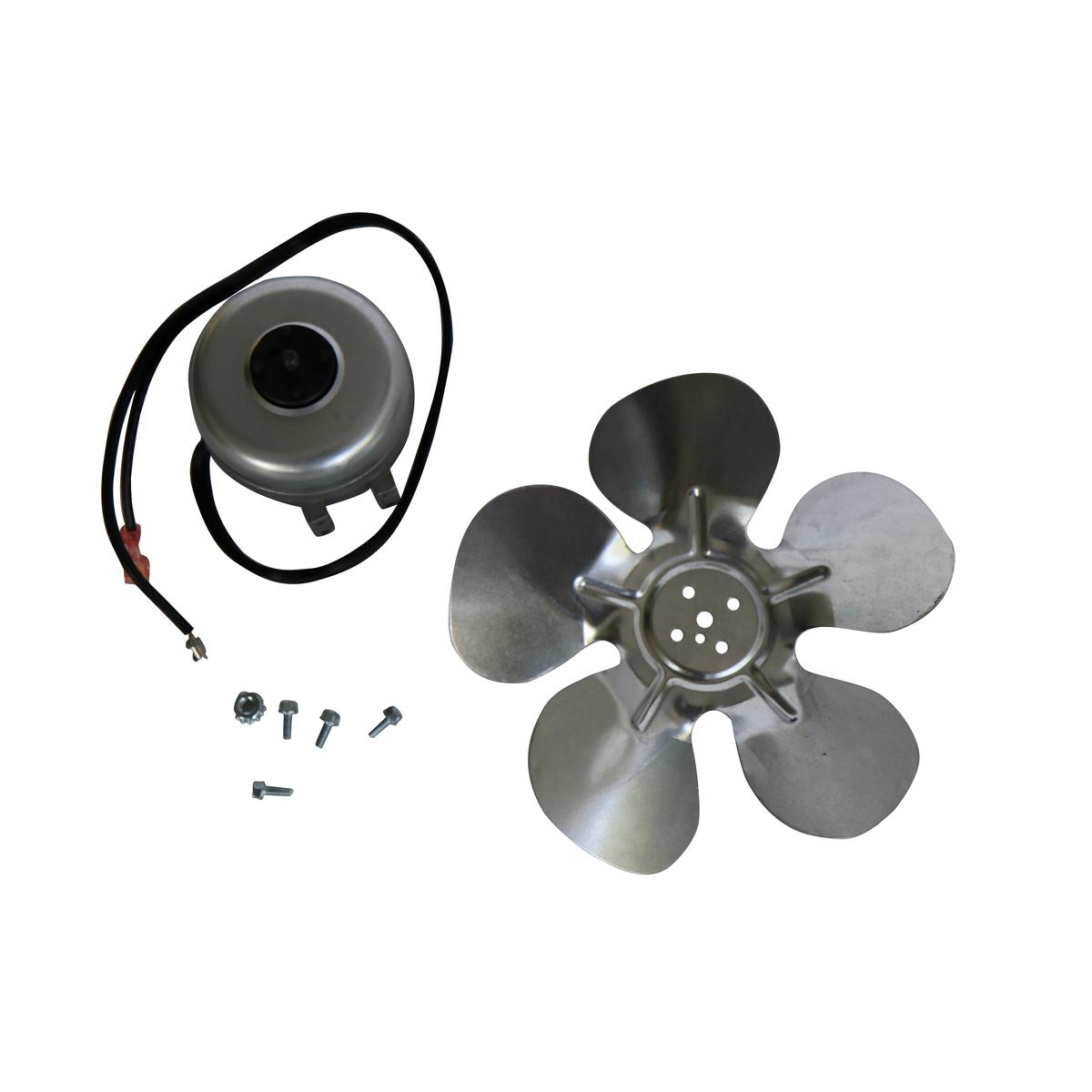 Fan motor assembly kit with metal motor housing, four-blade fan propeller, and mounting hardware screws.