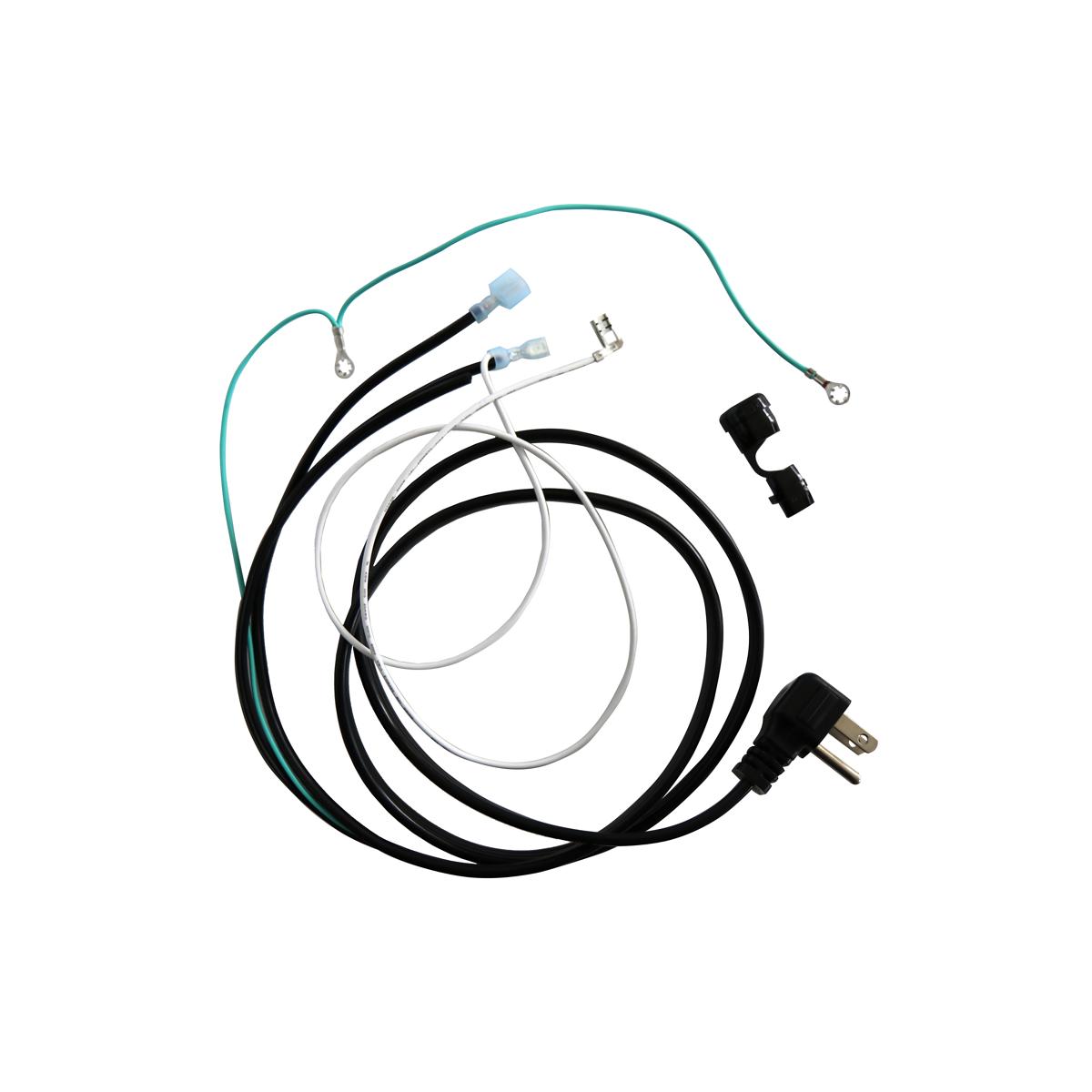 Power cord with strain relief bushing kit showing black and white cables with connectors and plug.