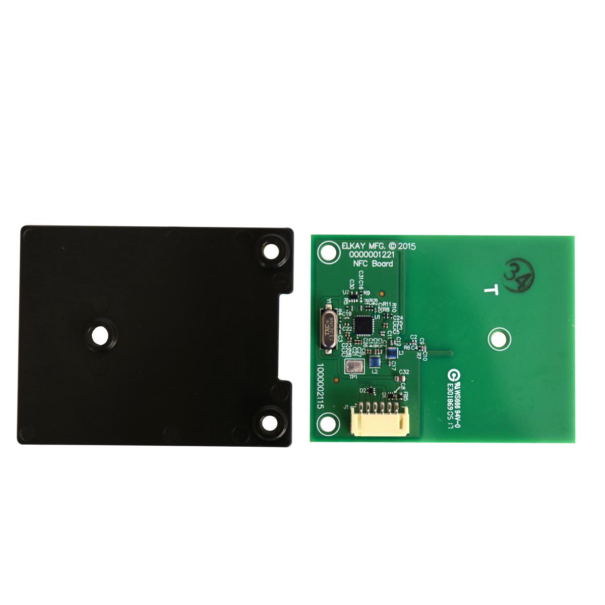 Black cover plate and green NFC circuit board with electronic components and mounting holes.