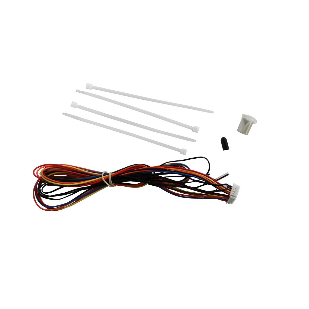 Thermistor RFID harness kit with multicolored wires, connectors, and plastic cable ties on white background.