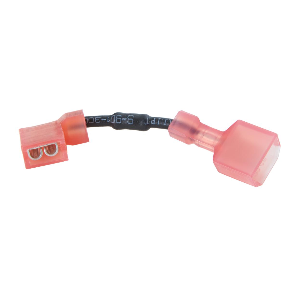 Red and pink fuse jumper wire with labeled black insulation and terminal connectors on each end.