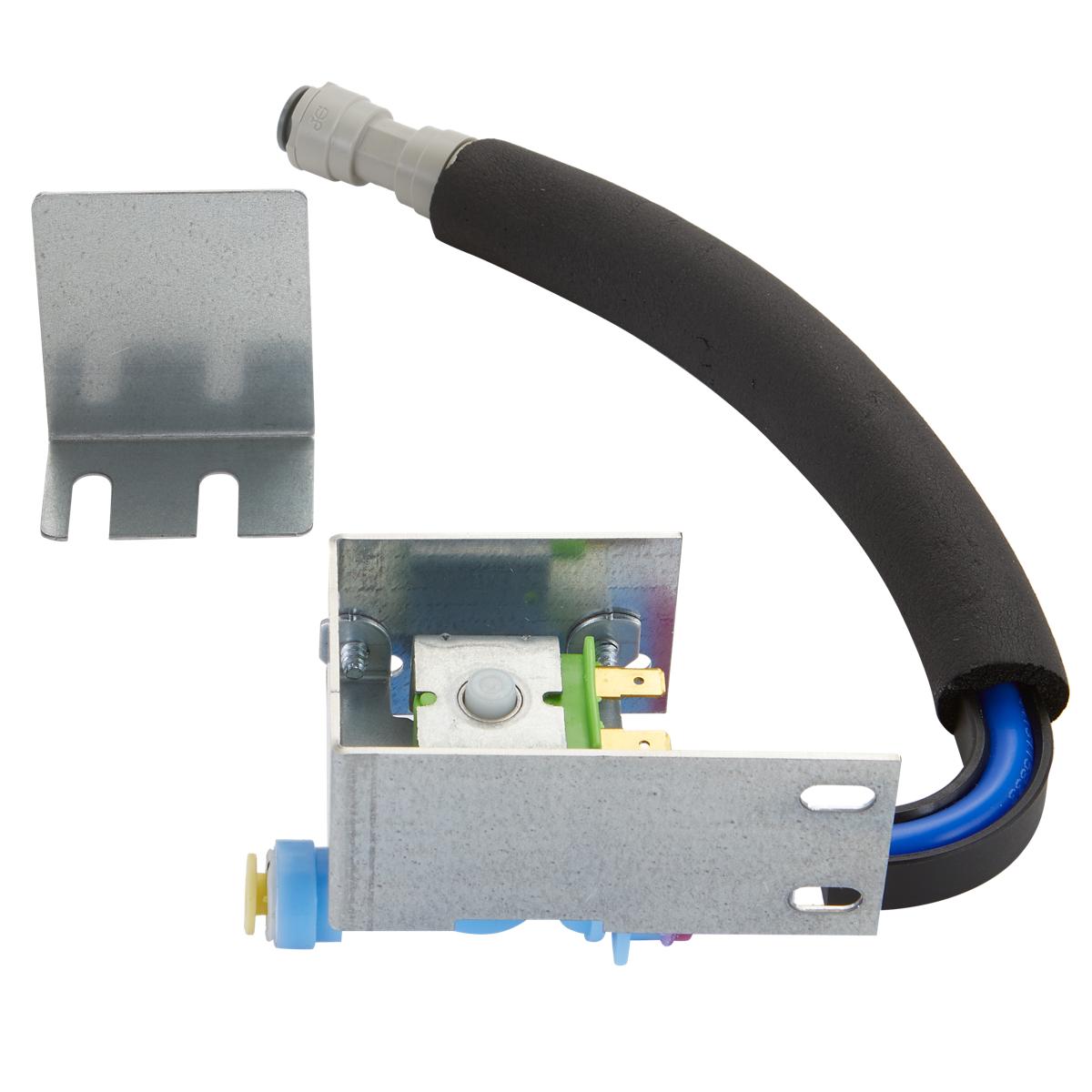 Elkay solenoid valve assembly with metal mounting bracket, black handle tubing, and internal circuit components with blue wir