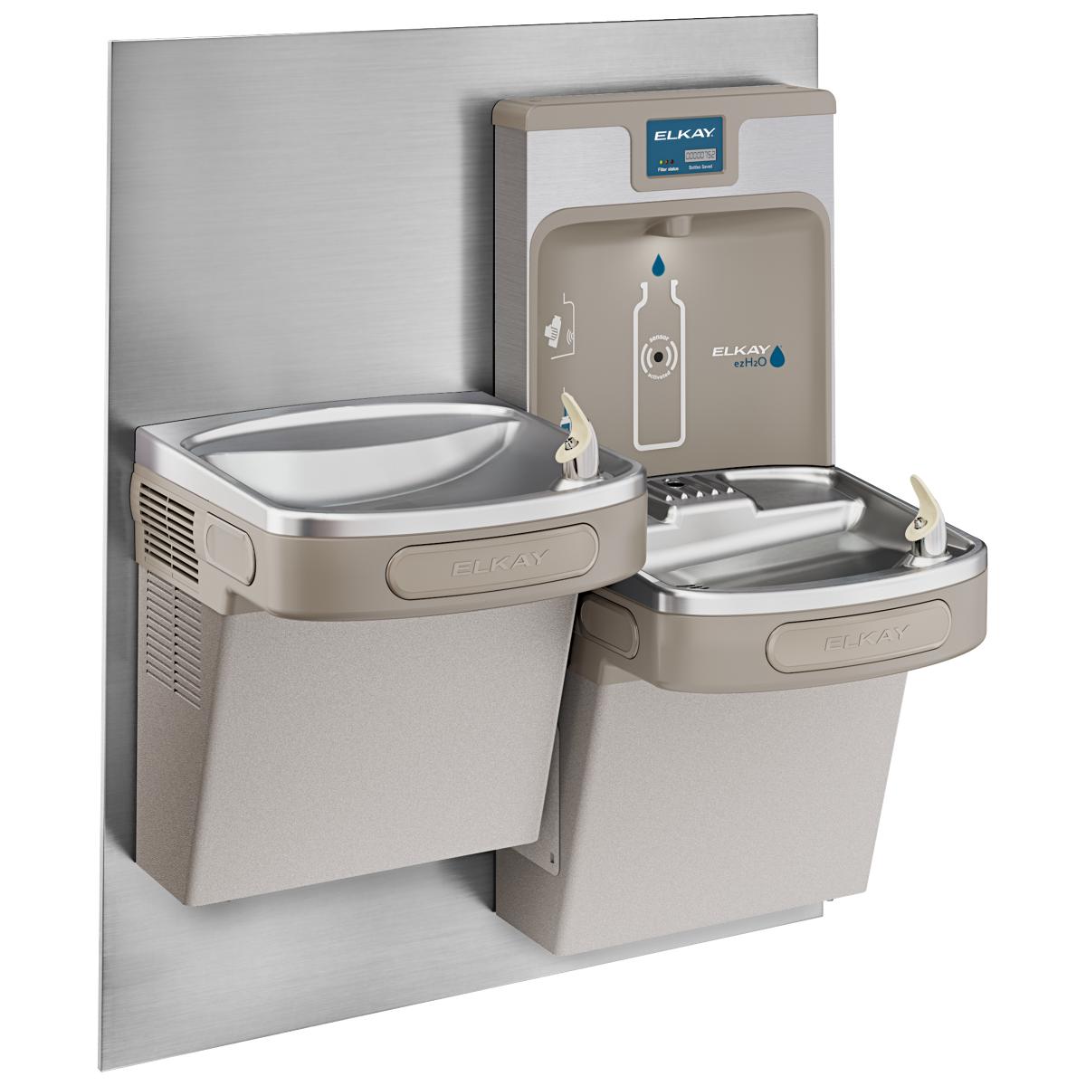 Brushed stainless steel back panel mounted behind Elkay bi-level bottle filling station with two drinking fountains and water
