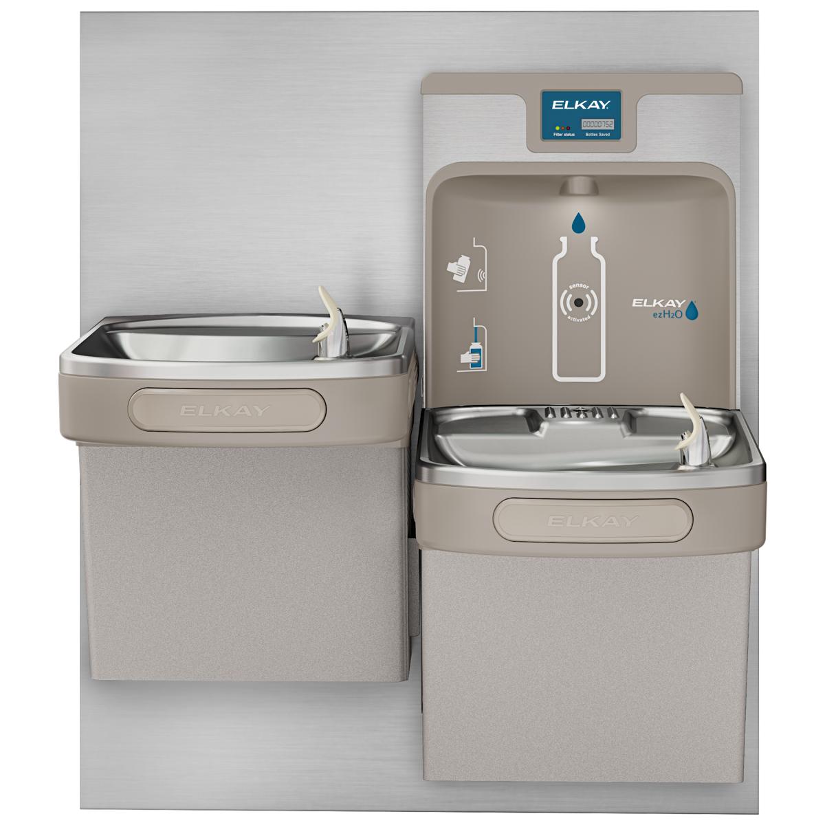 Brushed stainless steel back panel for Elkay bi-level bottle filling station with taupe trim and control interface.