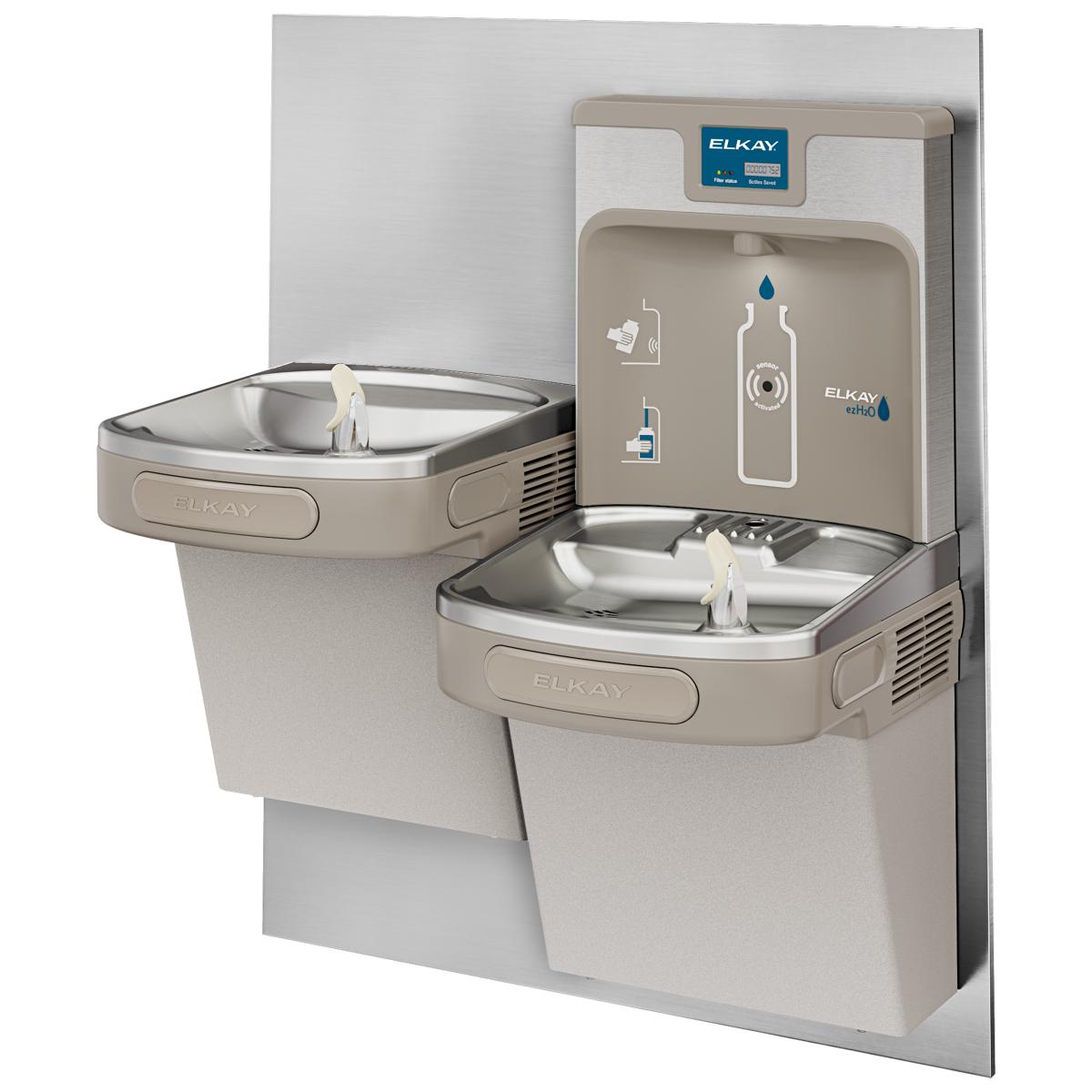 Stainless steel back panel for Elkay bi-level bottle filling station with upper and lower drinking fountains.