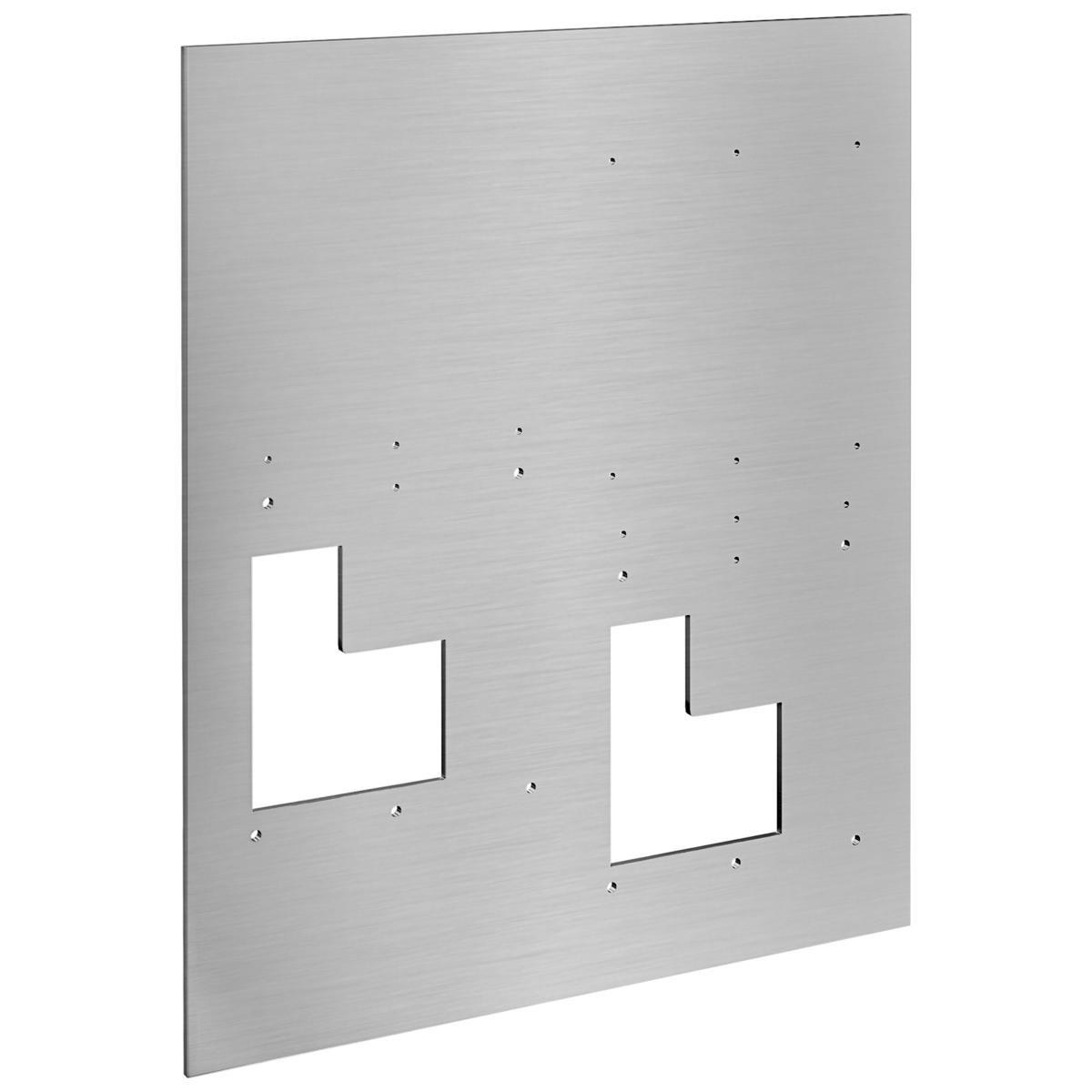 Stainless steel back panel with two rectangular cutouts at different heights and mounting holes throughout.
