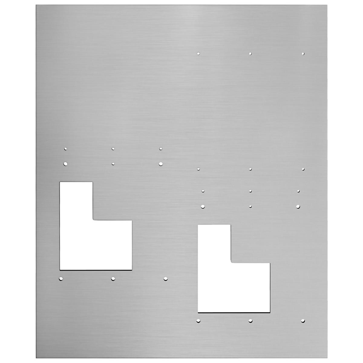 Stainless steel back panel with brushed finish and mounting holes for bi-level bottle filling station.