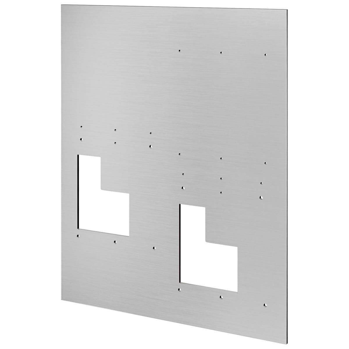 Brushed stainless steel back panel with two rectangular cutouts and mounting holes for bi-level bottle filling station.