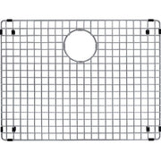 Stainless steel sink grid with square mesh pattern, circular drain hole, and four corner mounting feet.