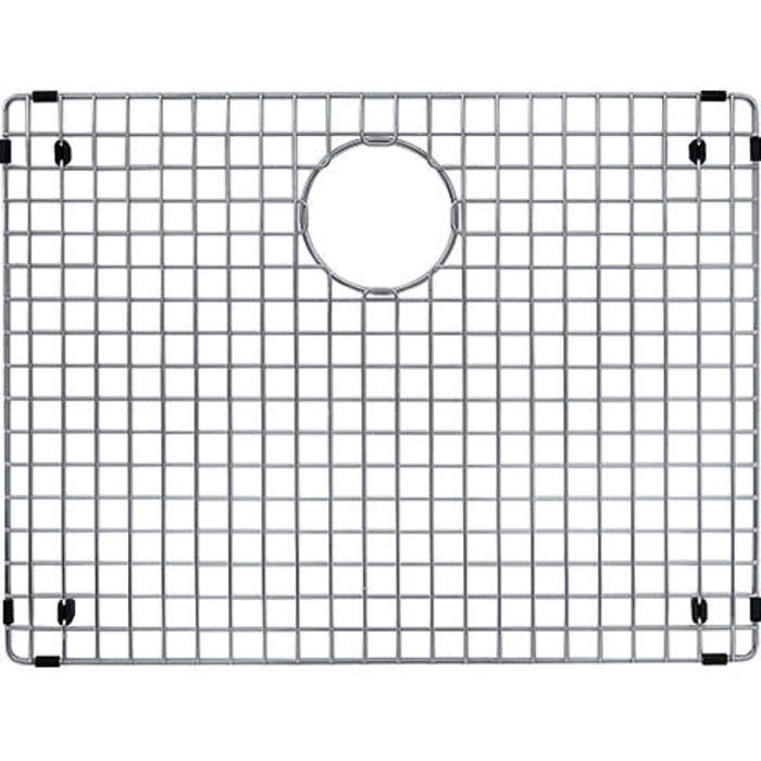 Stainless steel sink grid with square mesh pattern, circular drain hole, and four corner mounting feet.