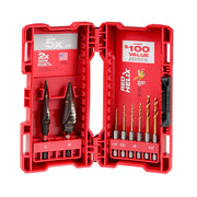 Milwaukee 8-piece impact step and drill bit set in red case with two step bits and six twist drill bits displayed.