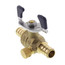 Brass ball valve with gray handle and small drain port on side.
