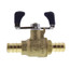 Brass ball valve with 1/2" PEX connections and drain port, forged construction.