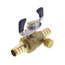 Brass ball valve with PEX connection ports and small drain outlet at bottom.