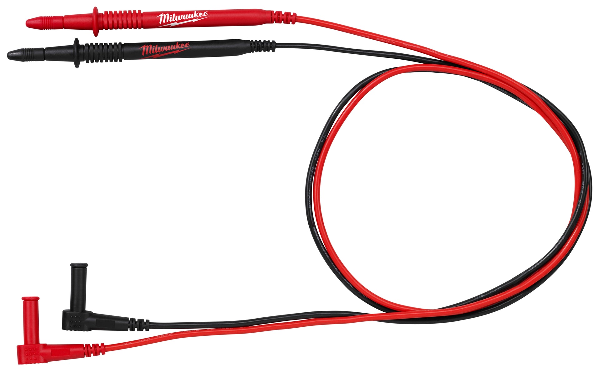 Red and black electrical test leads with rubberized grips and angled probe connectors.