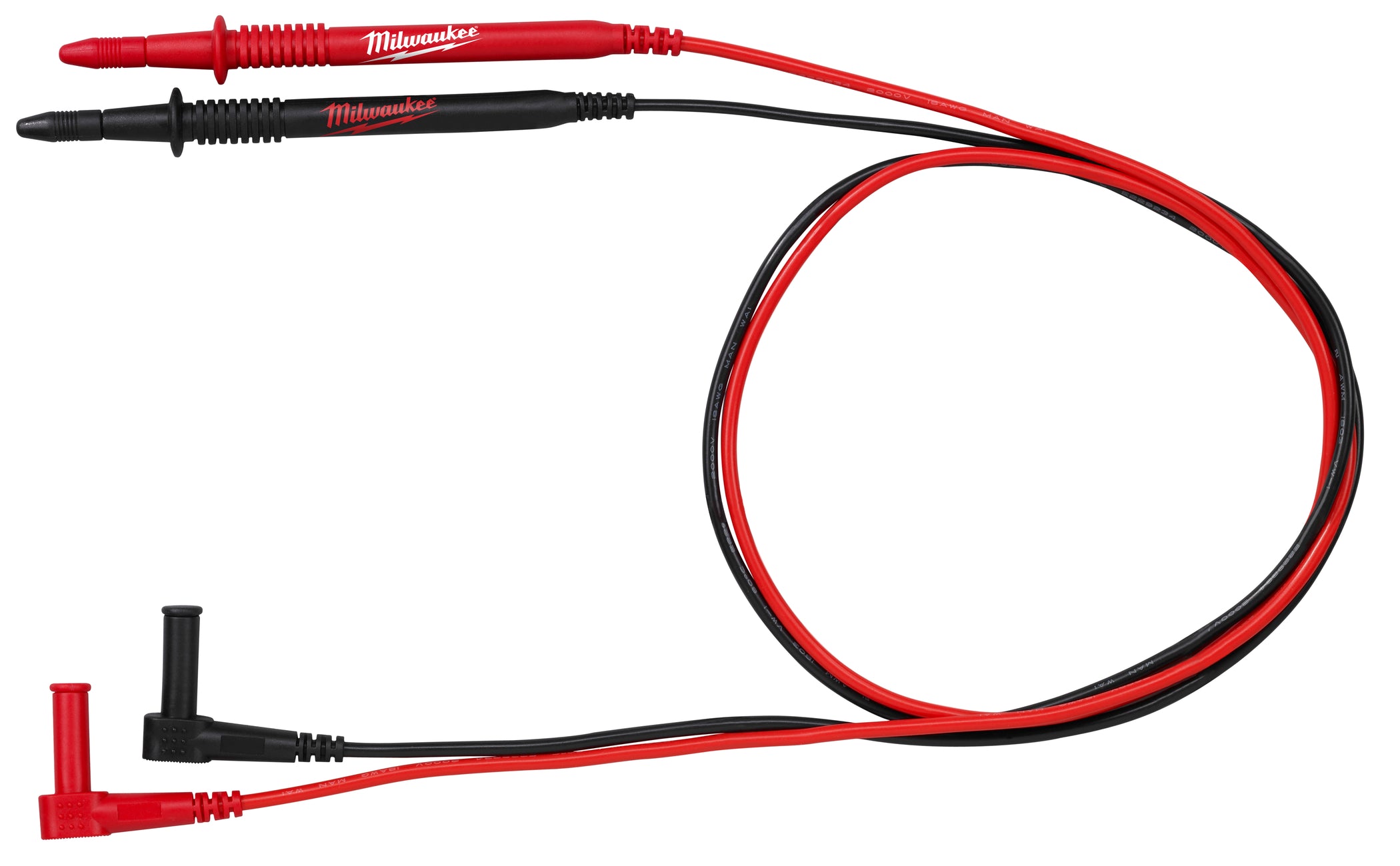 Red and black electrical test leads with rubberized grips and angled probe connectors.