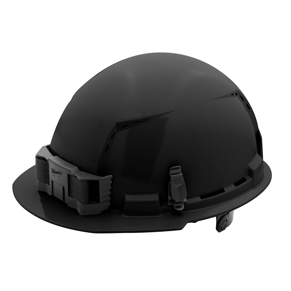 Black hard hat with front brim, vented crown, and ratcheting suspension system visible on sides.