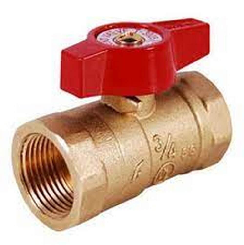 Brass ball valve with red handle and female threaded ports on both ends.