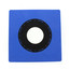 Blue square metal flashing panel with black circular center opening.