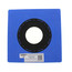 Blue square metal flashing panel with circular opening and white trim ring.