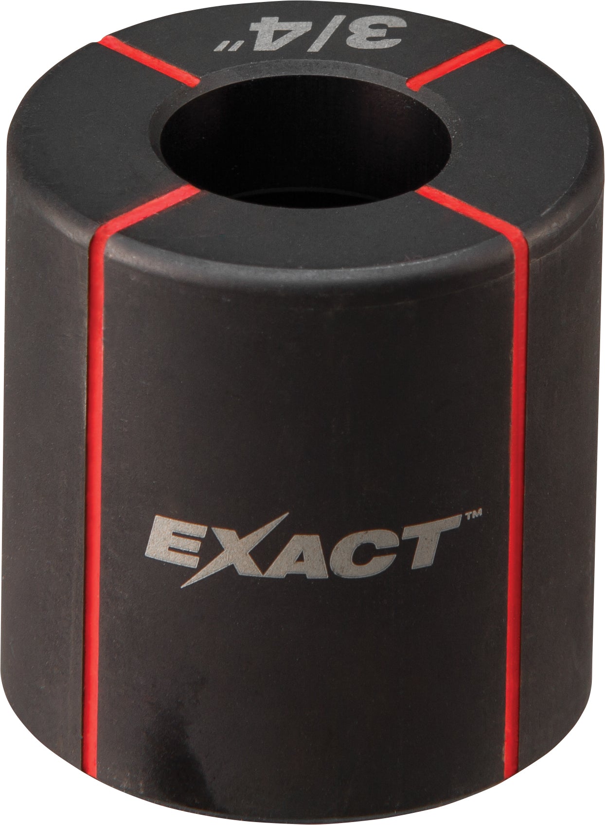 Black cylindrical die with "3/8" marking on top, red accent lines, and "EXACT" branding on front.