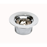 Chrome drain plug with threaded base and polished dome cap for sink installations.