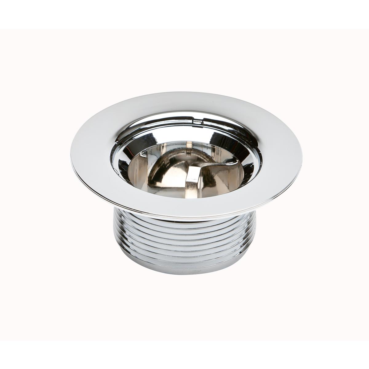 Chrome drain plug with threaded base and polished dome cap for sink installations.