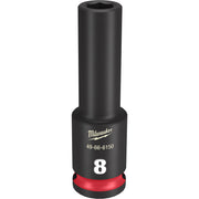Black Milwaukee deep socket with 8MM size marking, red band at base, hexagonal opening at top.