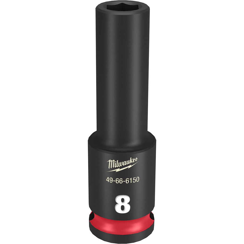 Black Milwaukee deep socket with 8MM size marking, red band at base, hexagonal opening at top.