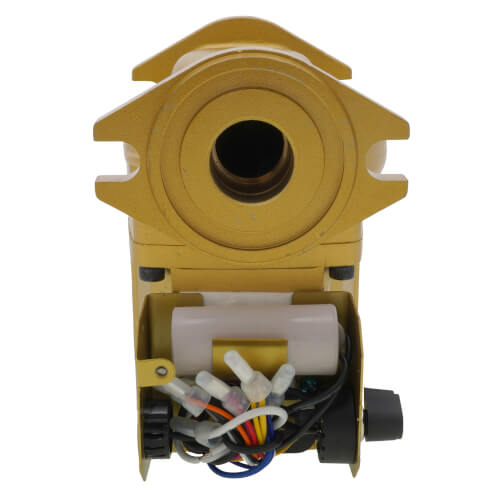 Bronze body wet rotor circulator pump with internal motor and wiring visible from below.