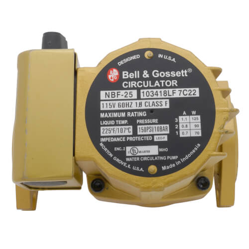 Bell & Gossett NBF-25 bronze circulator pump with attached motor and black label, shown from side angle.