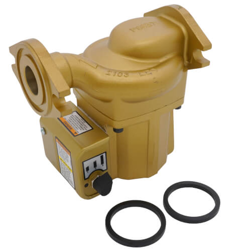 Brass-colored wet rotor circulator pump with flanged connections on both ends and two black rubber gasket rings displayed in 