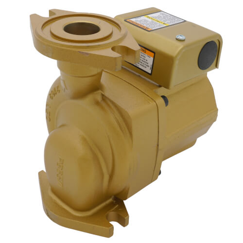 Bronze-colored wet rotor circulator pump with motor housing, inlet/outlet ports, and control panel mounted on top.
