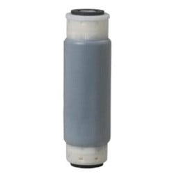 Cylindrical water filter cartridge with white ends and gray granular activated carbon filter body.