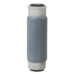 White and gray cylindrical water filter cartridge with black cap end.