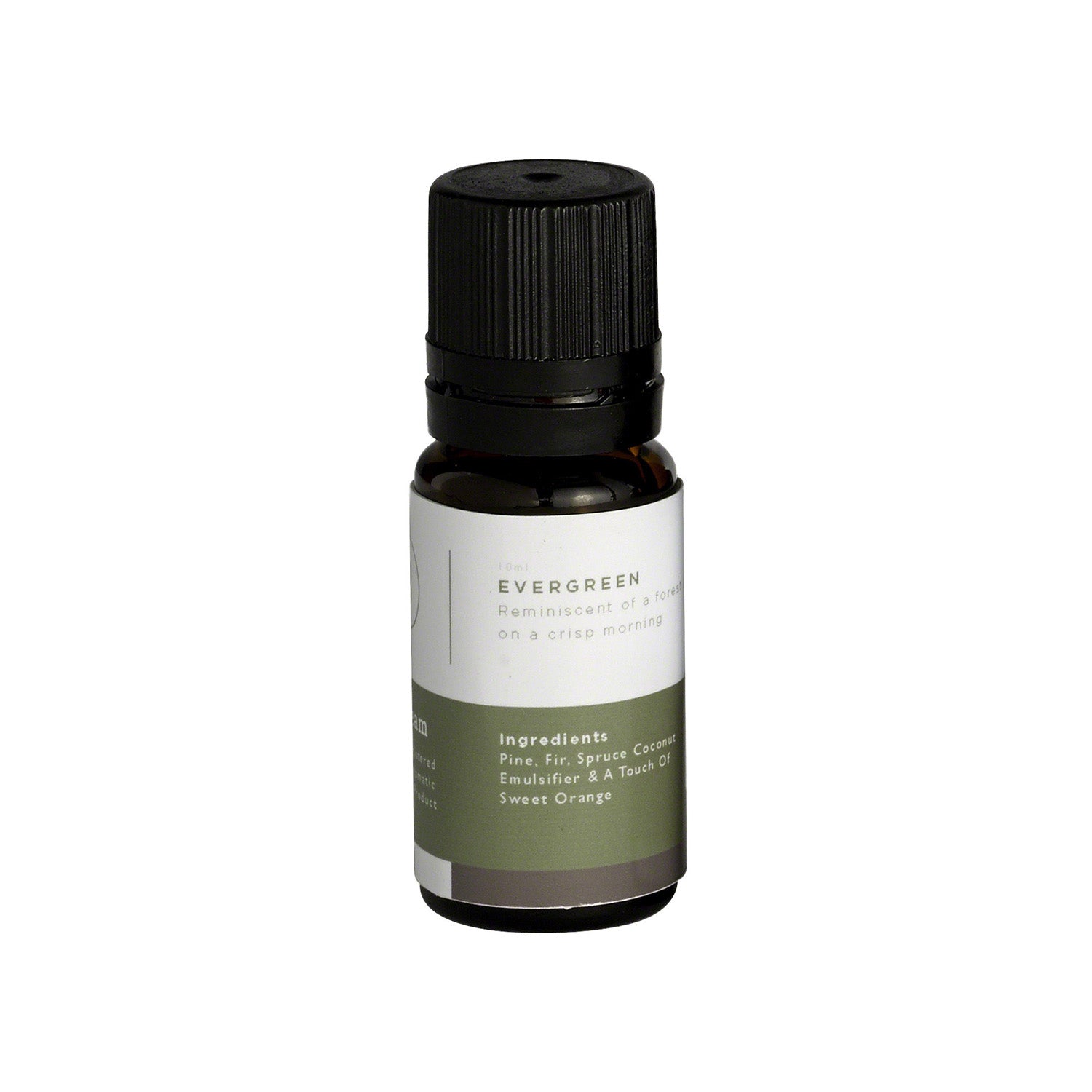 Small dark glass bottle with black screw cap and white and green label reading "Evergreen" with ingredient list.