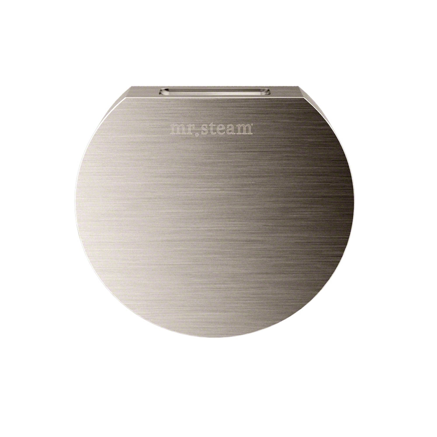 Round brushed nickel steam head with Mr. Steam branding and small mounting holes at top.