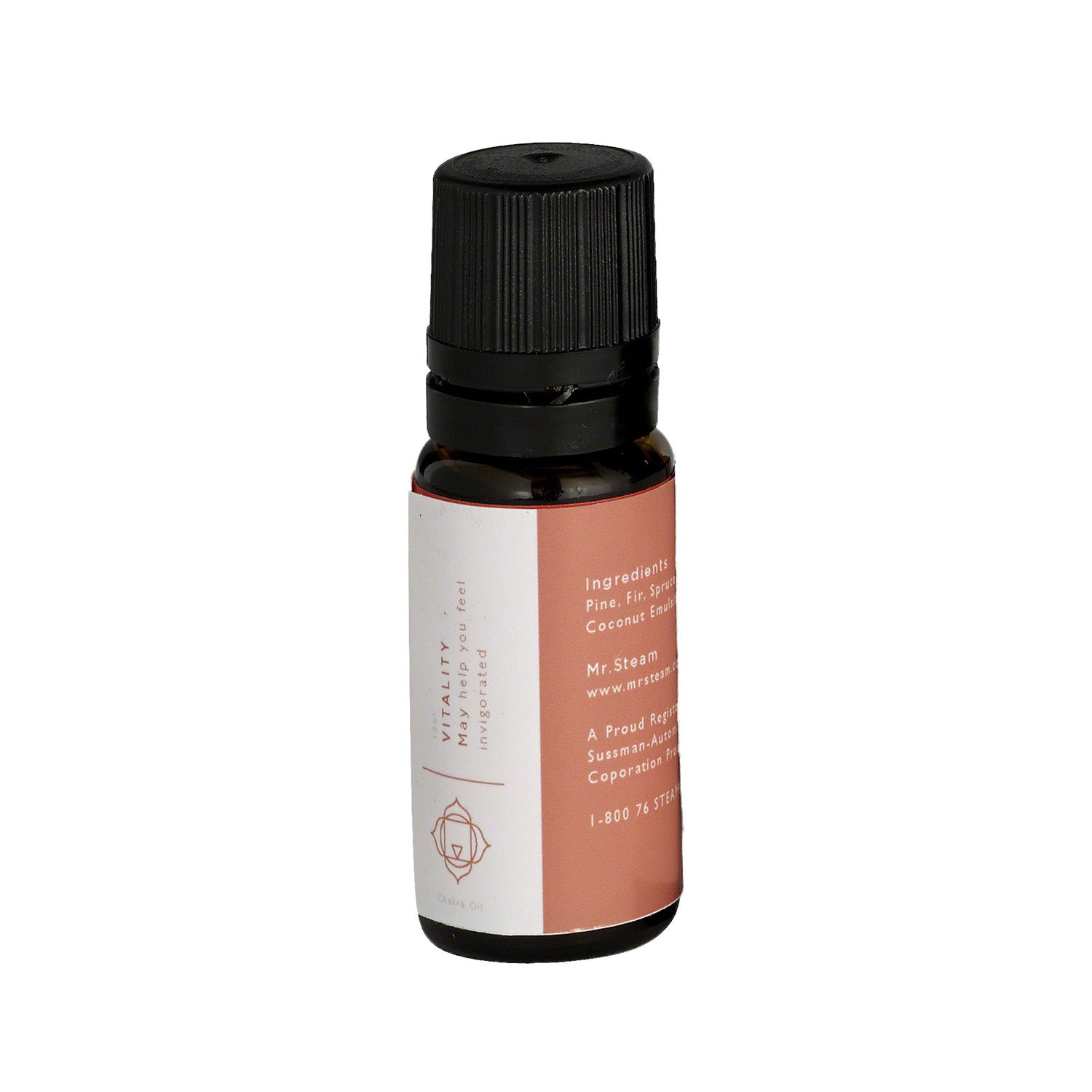 Small glass bottle with black cap containing red-tinted oil, labeled with white and terracotta-colored packaging.