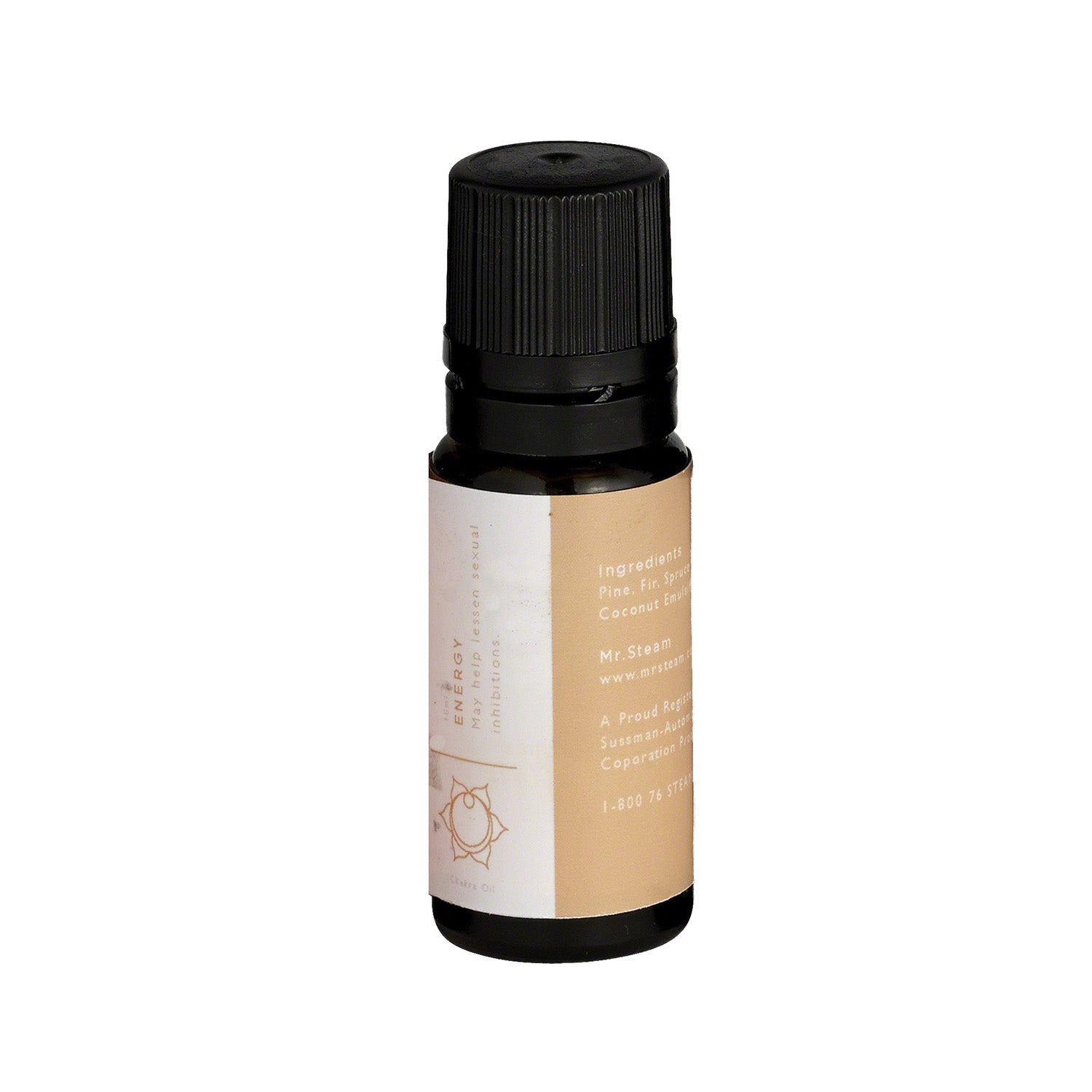 Small glass bottle with tan and white label, black screw cap, containing orange chakra oil.