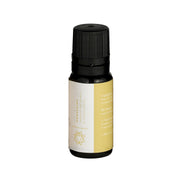 Small glass bottle with black screw cap containing yellow oil, white and yellow label with chakra symbol.
