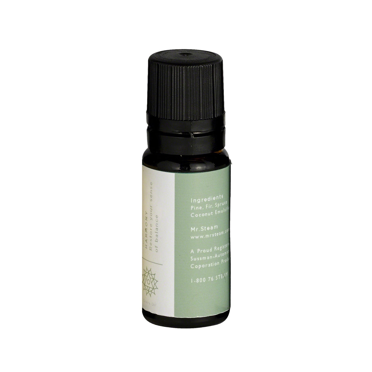 Small dark glass bottle with black screw cap and green and cream label listing ingredients and Mr. Steam branding.