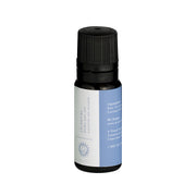 Small glass bottle with black screw cap containing blue-tinted oil with white and blue label.