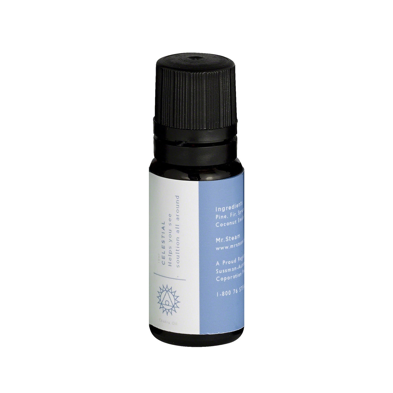 Small glass bottle with black screw cap containing blue-tinted oil with white and blue label.