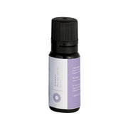 Small dark glass bottle with black screw cap and purple and white label featuring circular mandala design.