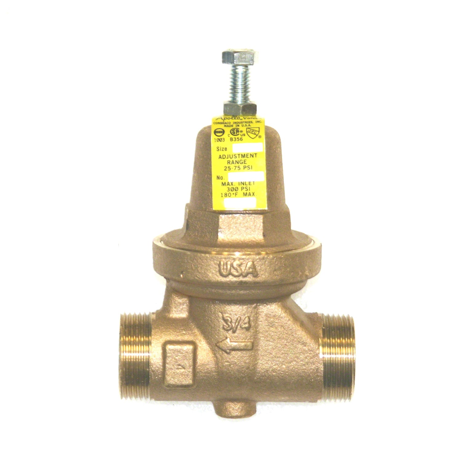 Brass pressure reducing valve with yellow adjustment label, threaded inlet and outlet ports, and metal adjustment screw on to