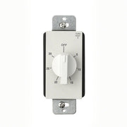 White and black wall-mounted timer with dial showing 5-30 minute increments and OFF position, metal mounting plate.