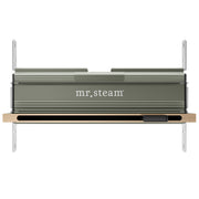 Brushed bronze linear steam head with horizontal louvers, aroma tray, and mounting brackets, shown from front view.