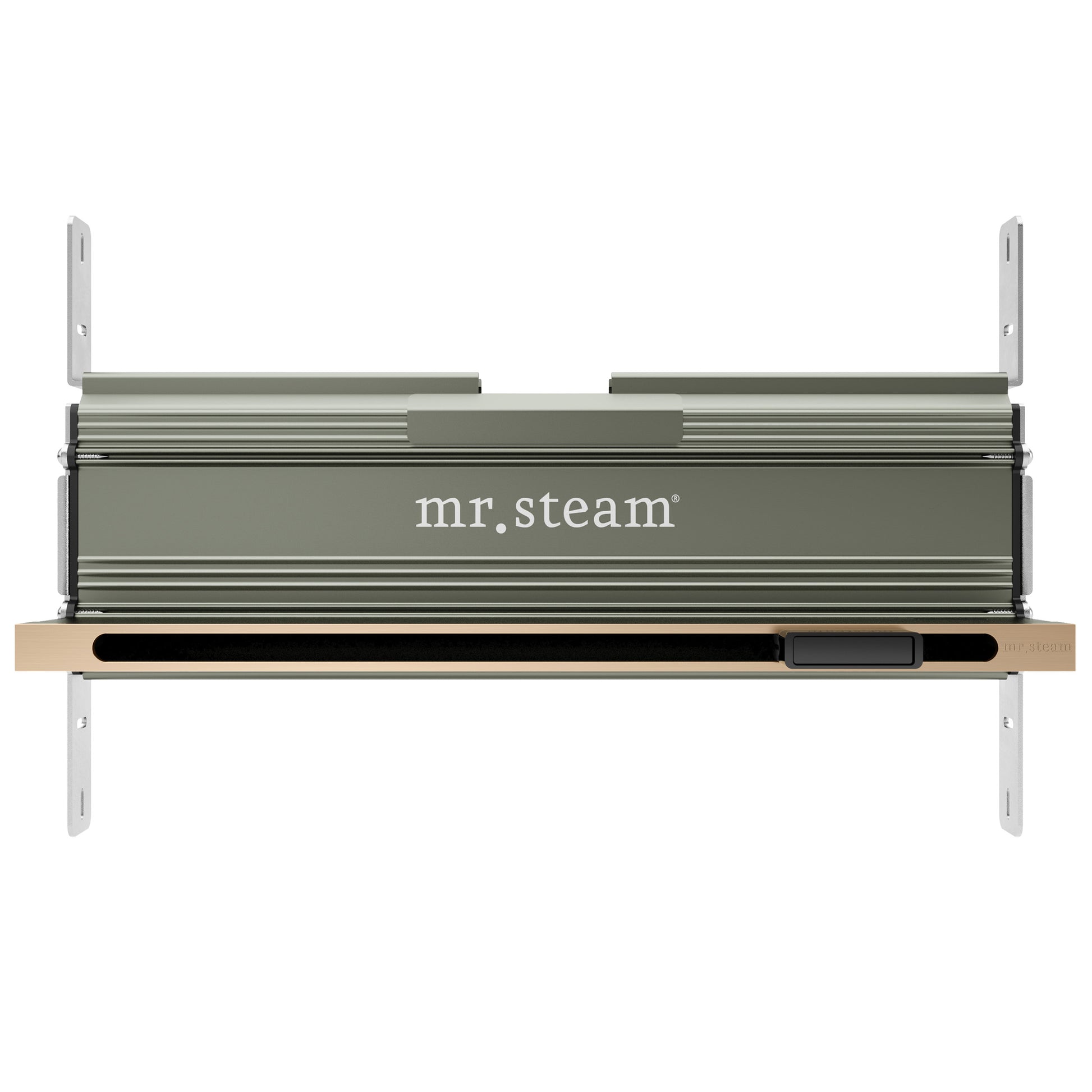 Brushed bronze linear steam head with horizontal louvers, aroma tray, and mounting brackets, shown from front view.
